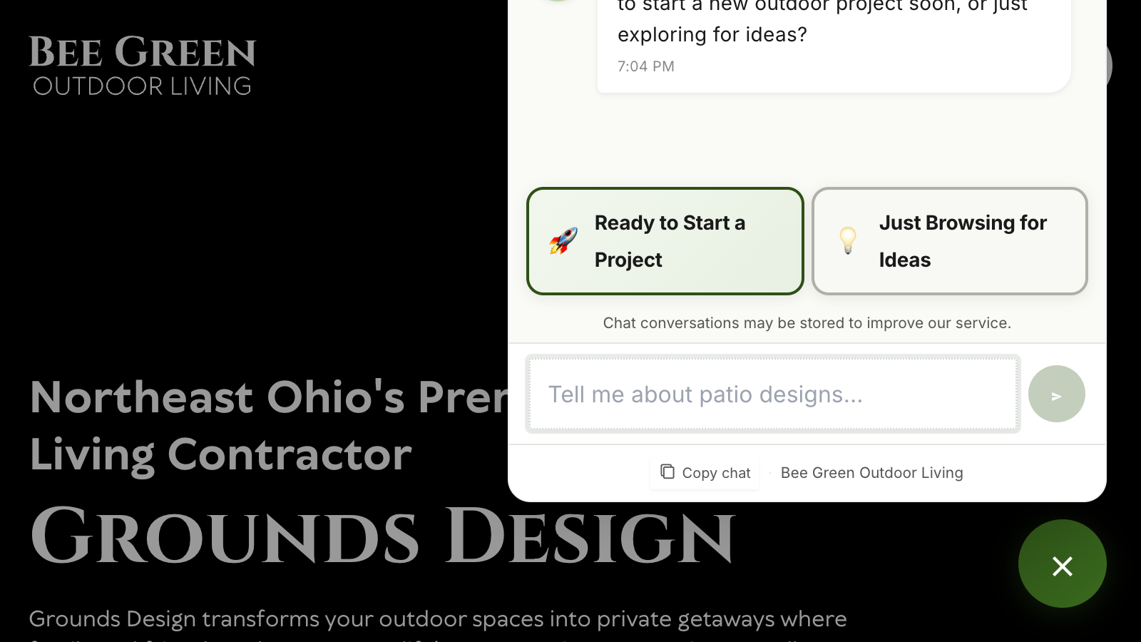 The Beesley AI chatbot open on groundsdesign.com, greeting a visitor automatically
