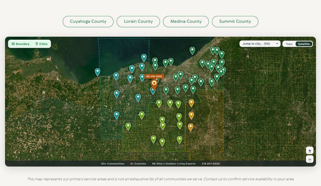 Interactive service-area map with dozens of community pins across Greater Cleveland