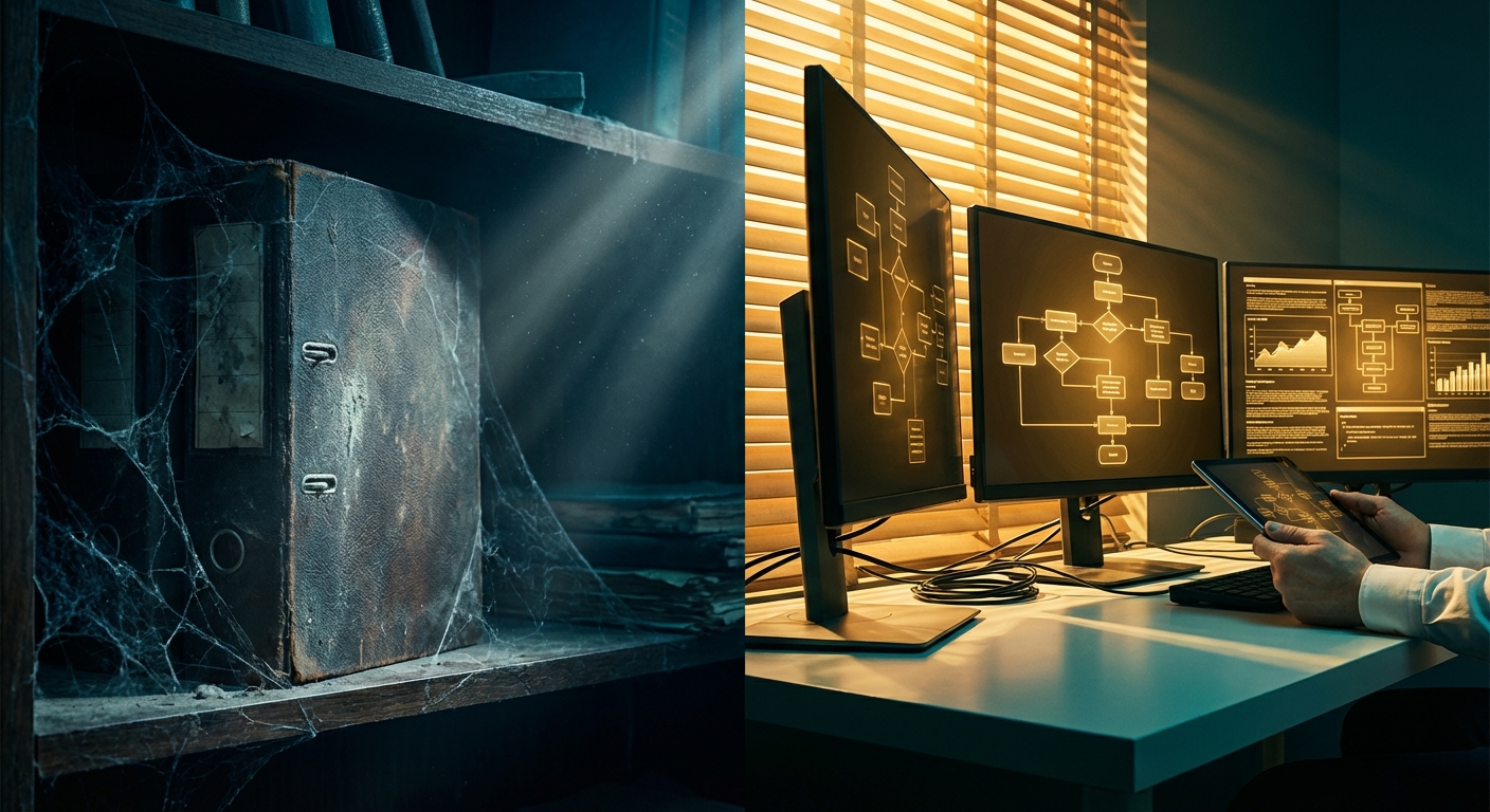 Split view comparing a dusty strategy binder versus a glowing automation dashboard