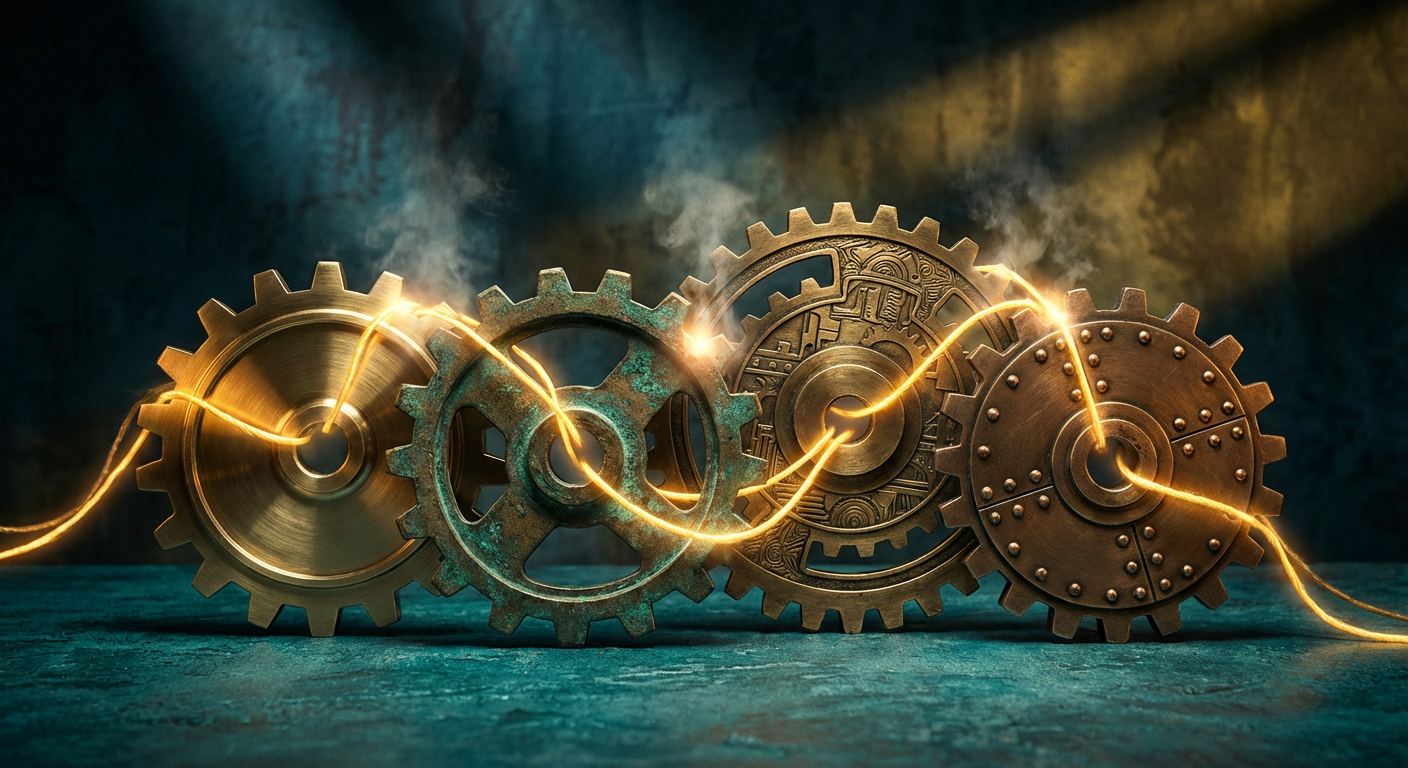 Four interconnected brass gears with golden energy threads connecting them