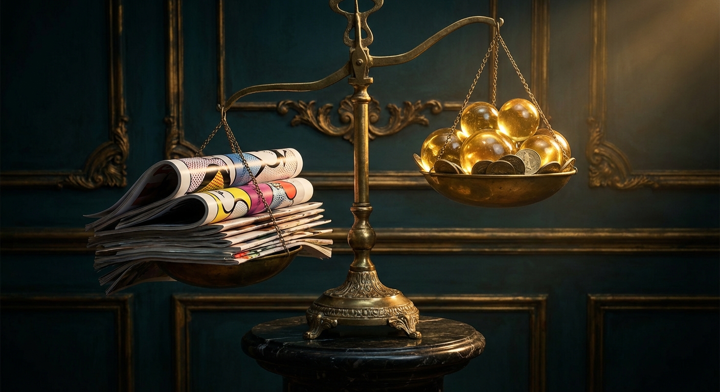 Vintage brass balance scale weighing strategy decks against golden coins and results