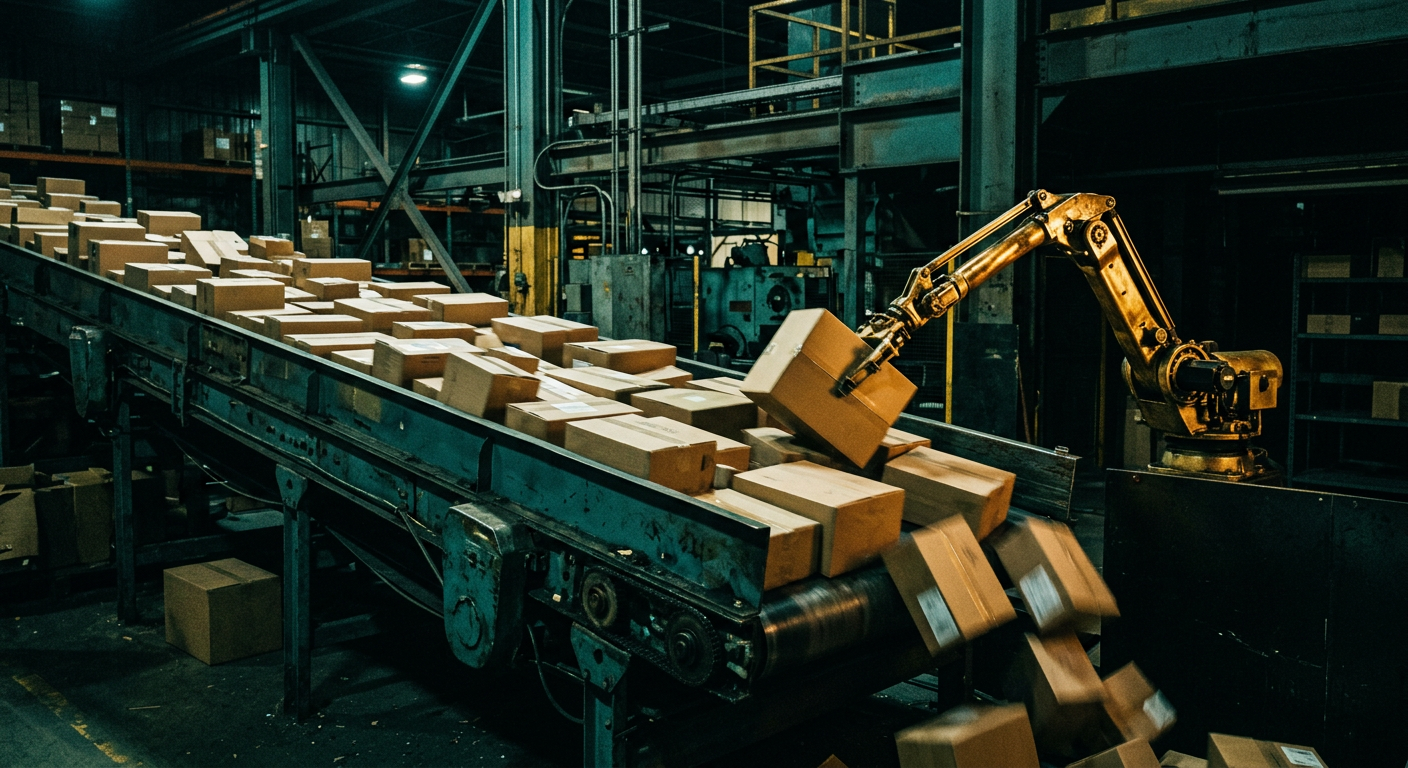 Conveyor belt of packages with golden automation arms sorting and routing orders through a warehouse