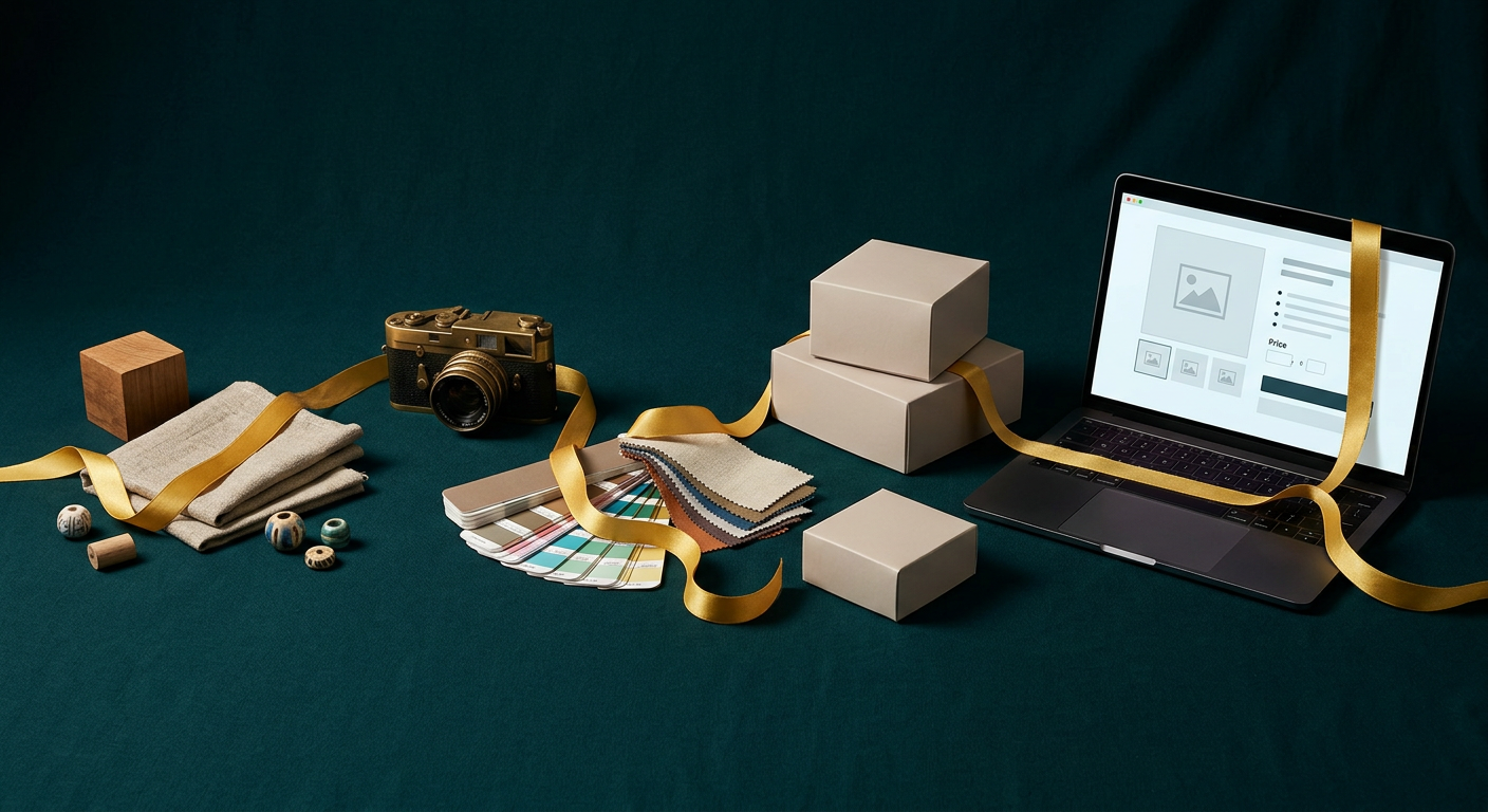 Product catalog cards flowing through a golden automated pipeline transforming raw specs into polished listings