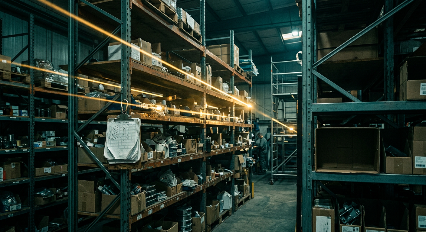 Warehouse shelves with golden data streams flowing between products showing demand forecasting and reorder signals
