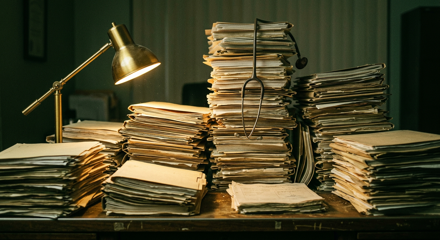 Medical clipboard buried under stacks of insurance forms with golden circuit traces emerging from the paperwork