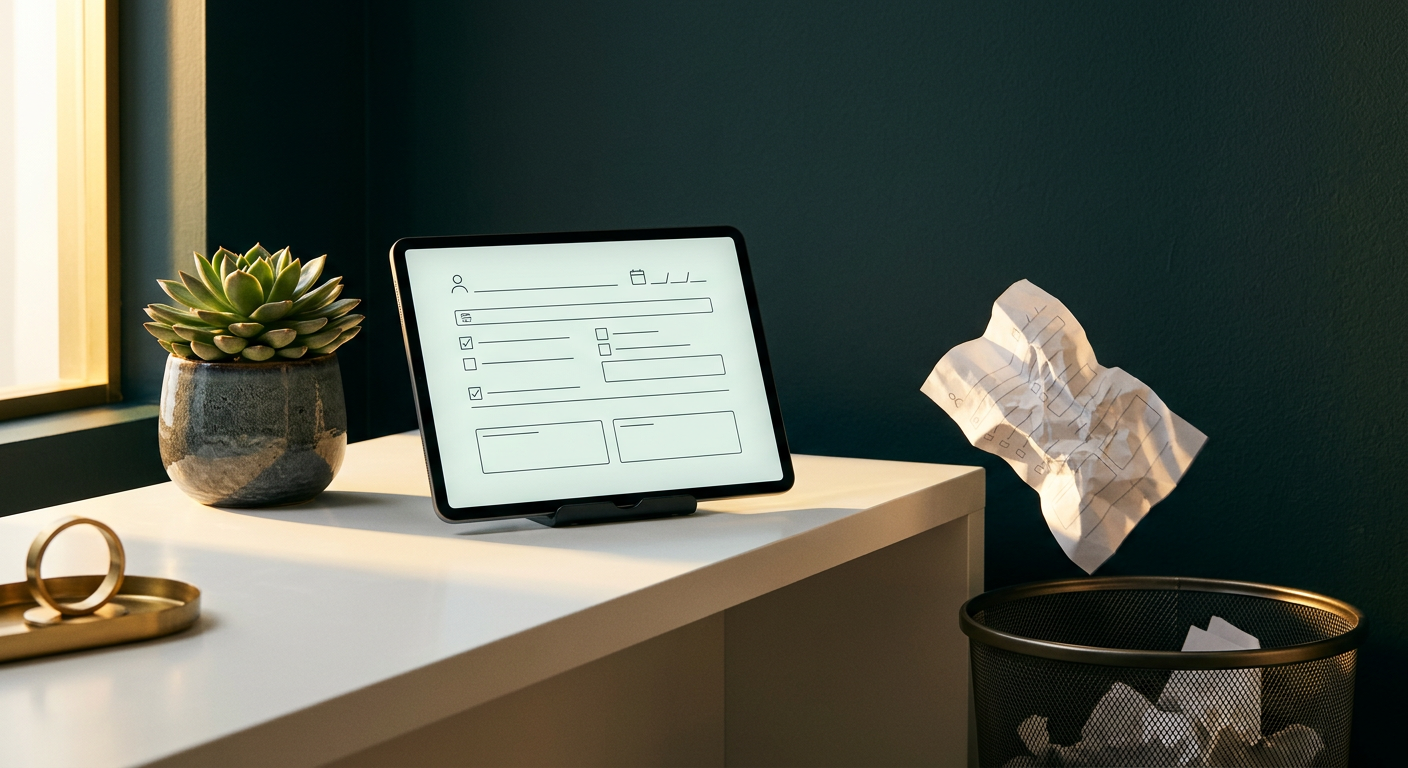Patient holding a smartphone with glowing golden intake form while a paper clipboard dissolves behind them