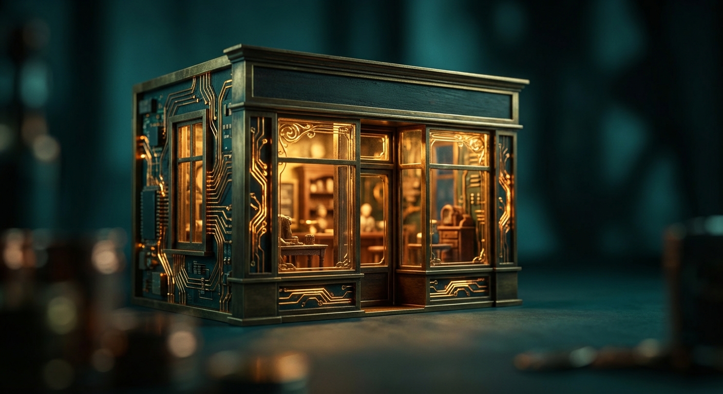Miniature brass storefront model with golden automation circuits running through its walls