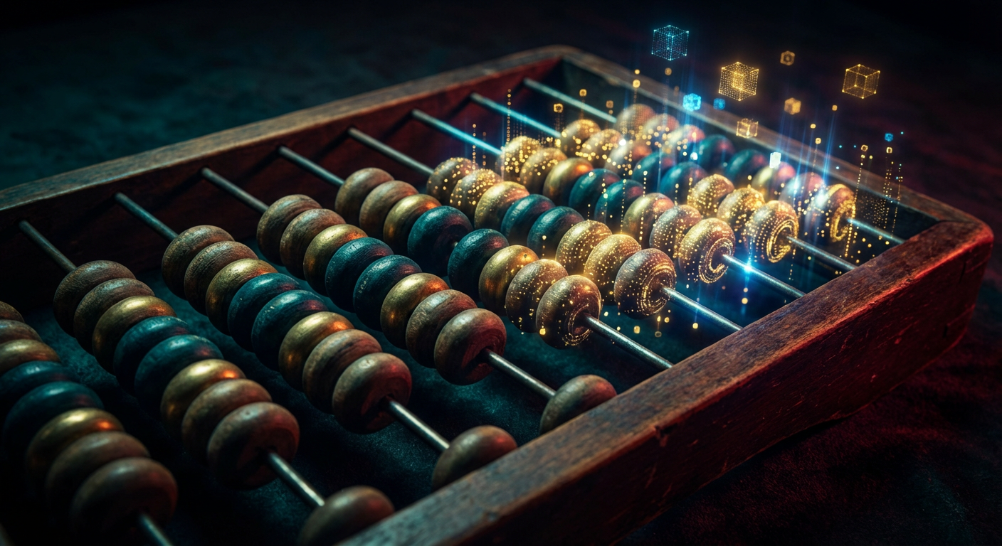 Antique abacus beads transforming into golden holographic data points