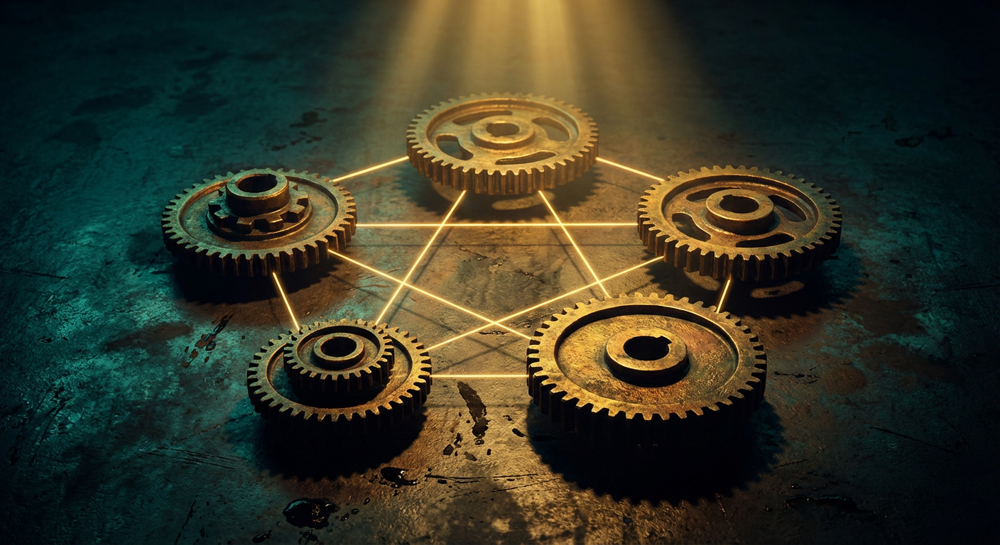 Five brass mechanical gears connected by golden light beams in a circular pattern