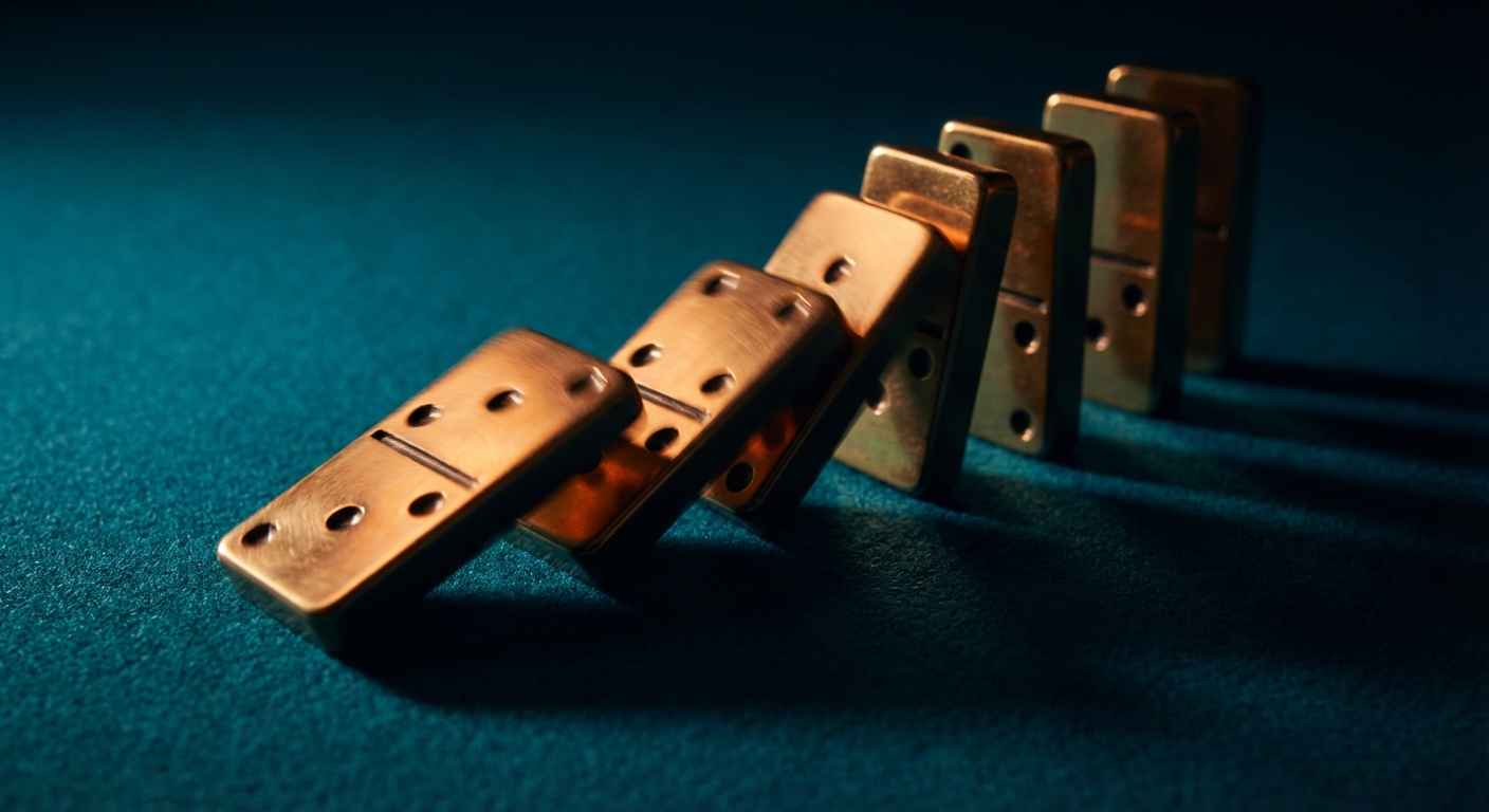 Five golden dominoes mid-fall in a cascading chain reaction