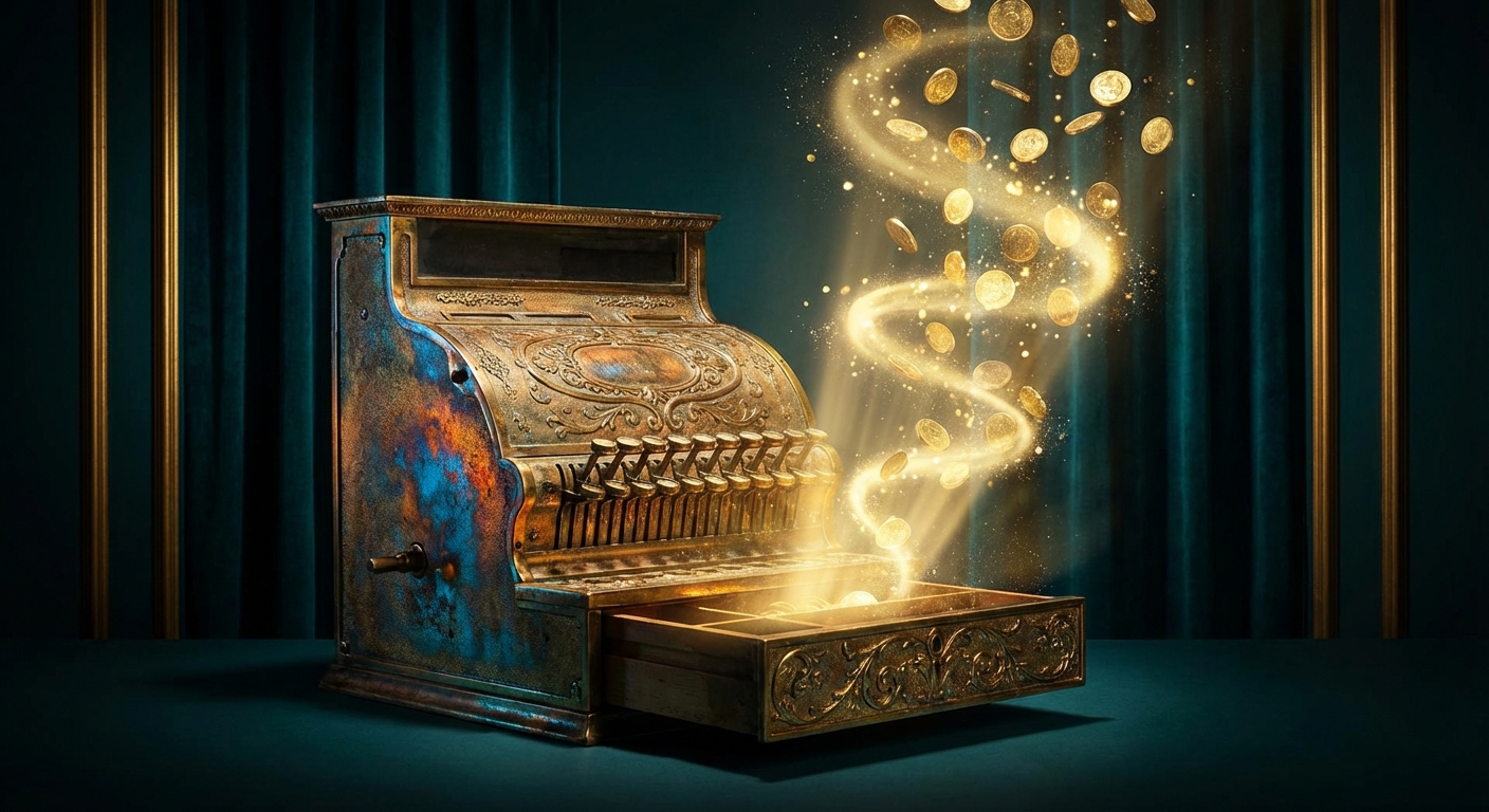 Vintage brass cash register with golden light streaming from its open drawer