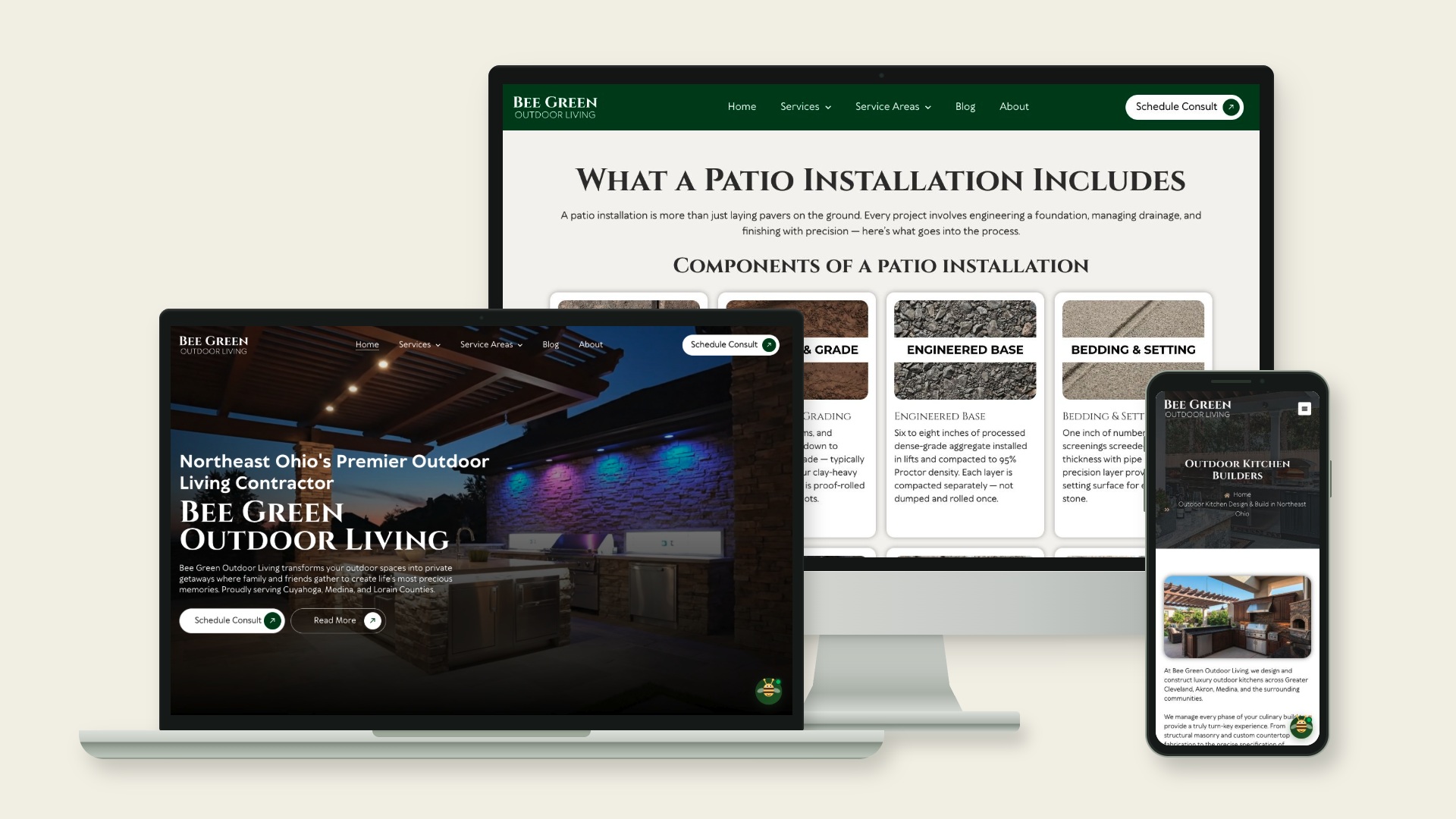 Three actual Bee Green Outdoor Living website pages shown on desktop, laptop and phone.