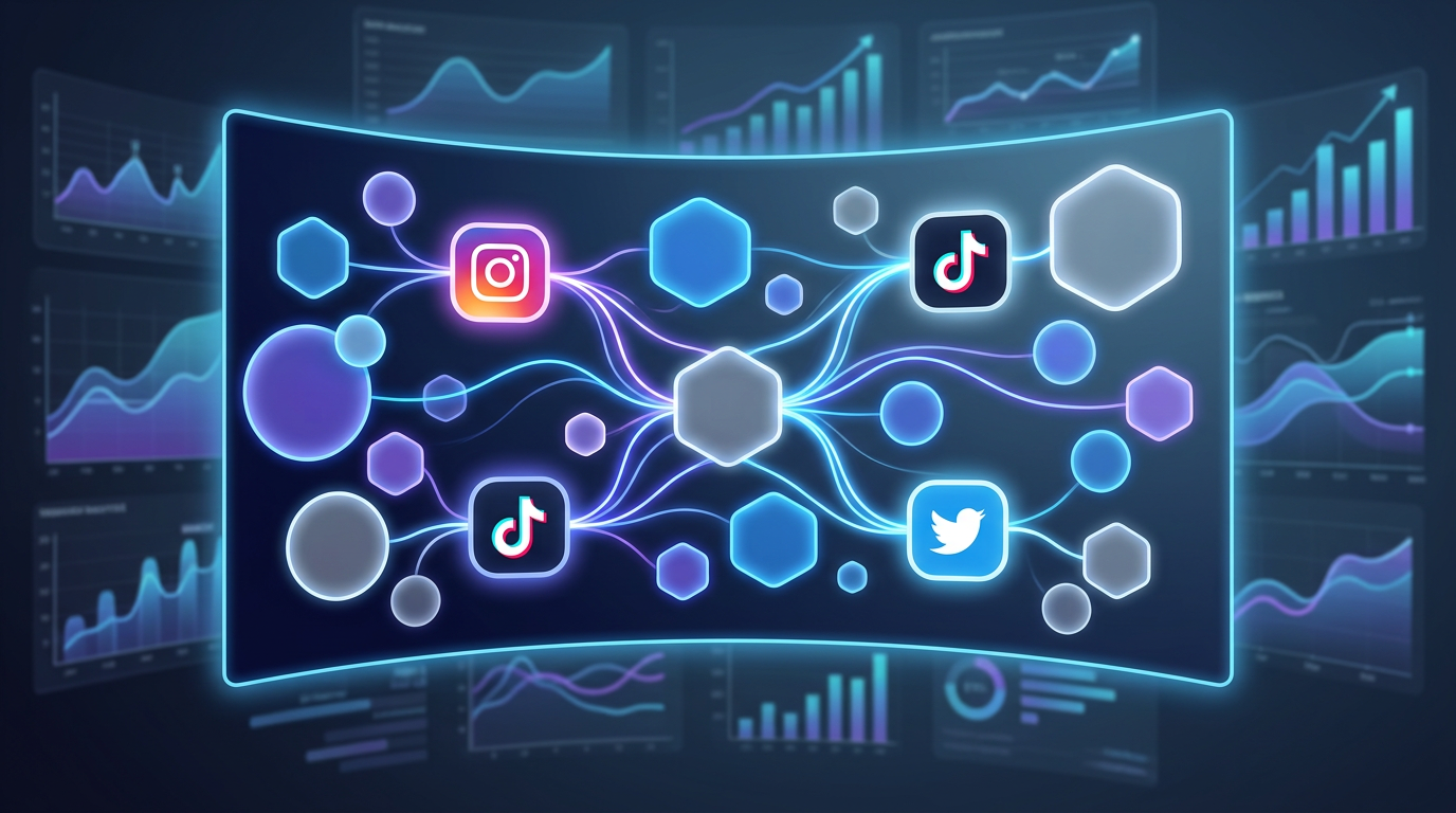 Social media trends monitor visual: Trending app icons & data flows for social media marketing.
