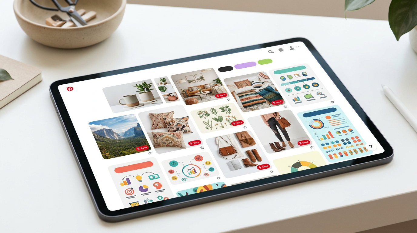 Digital tablet showcasing a Pinterest board, illustrating social media marketing for small businesses.