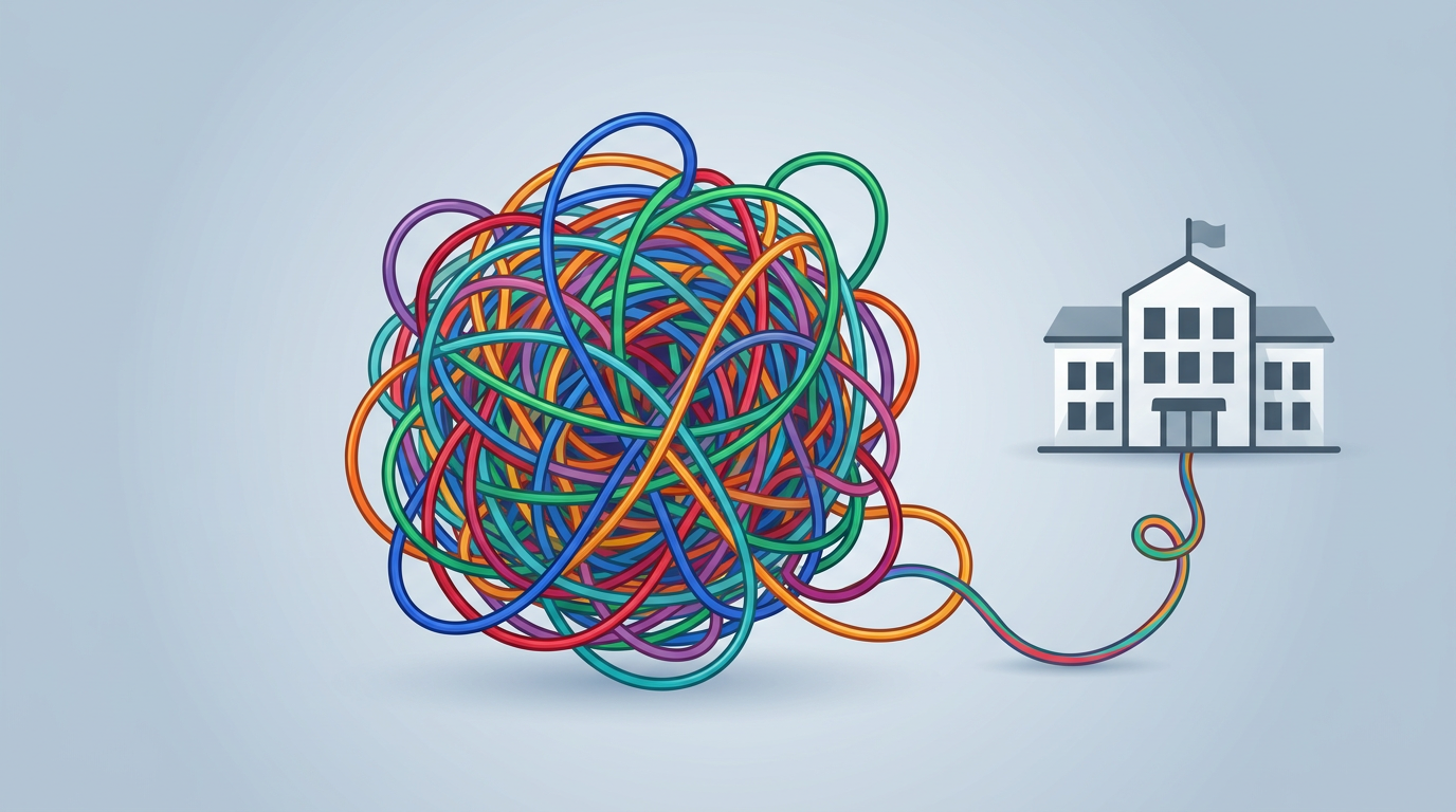 Tangled yarn connected to a building, symbolizing a disorganized social media strategy.