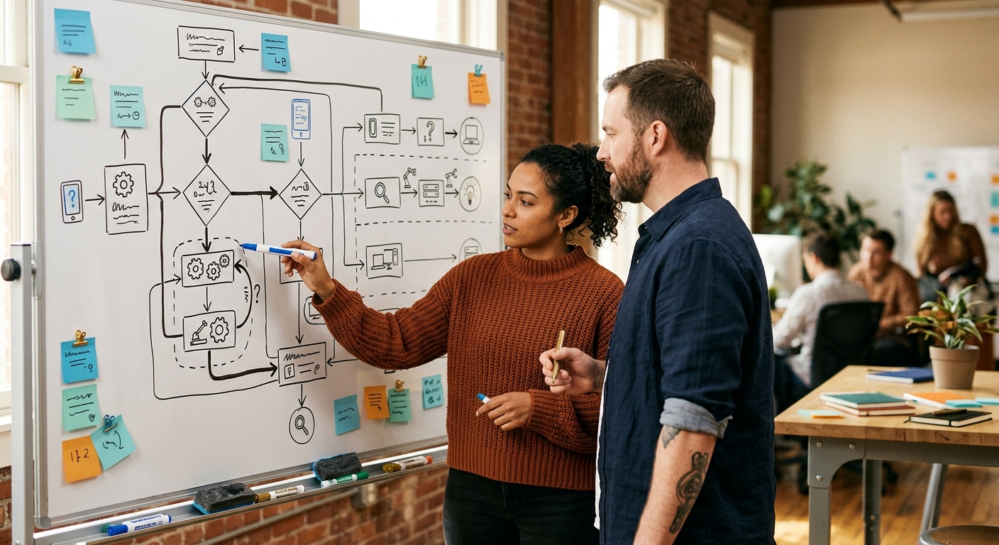 Photo of a whiteboard or Miro board with an agent workflow mapped out, showing decision nodes, tool calls, and escalation pat