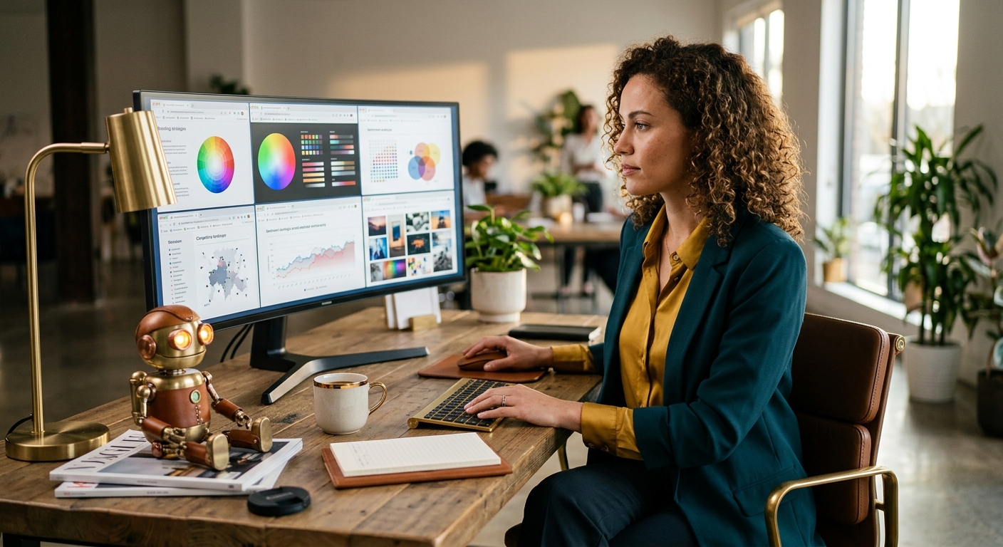 A marketer working at a desk with multiple AI tool interfaces open on their screen, showing brand strategy documents and AI-g