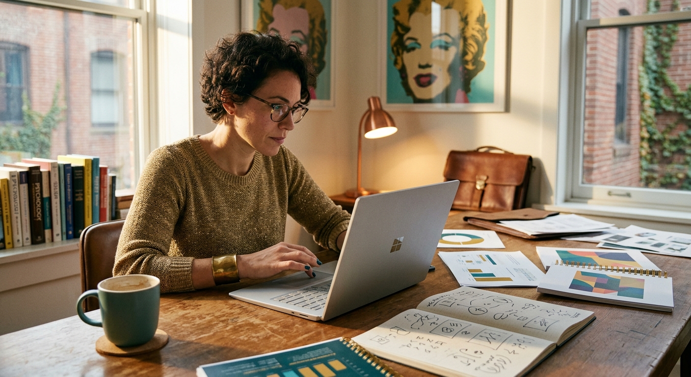 A brand strategist reviewing AI-generated brand analysis on a laptop, with printed brand guidelines and customer research not