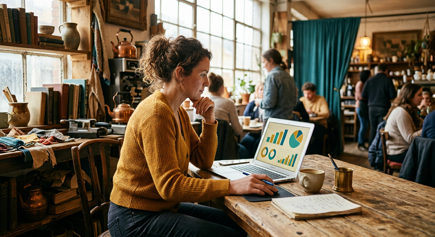 A small business owner sitting at a laptop in a café or workshop, reviewing marketing analytics on screen — warm, authentic s