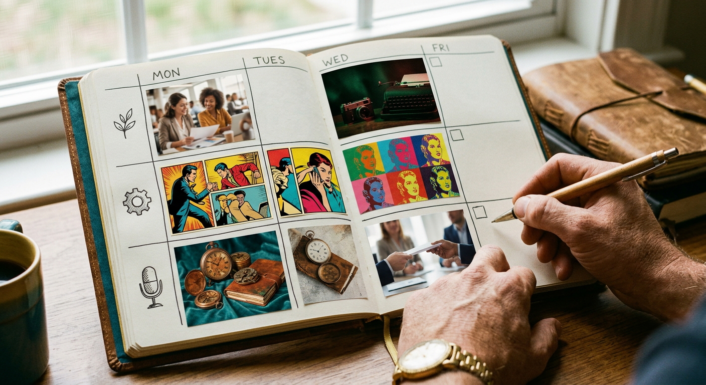 A content calendar or scheduling dashboard showing a week of scheduled posts across Instagram, LinkedIn, and Facebook — clean