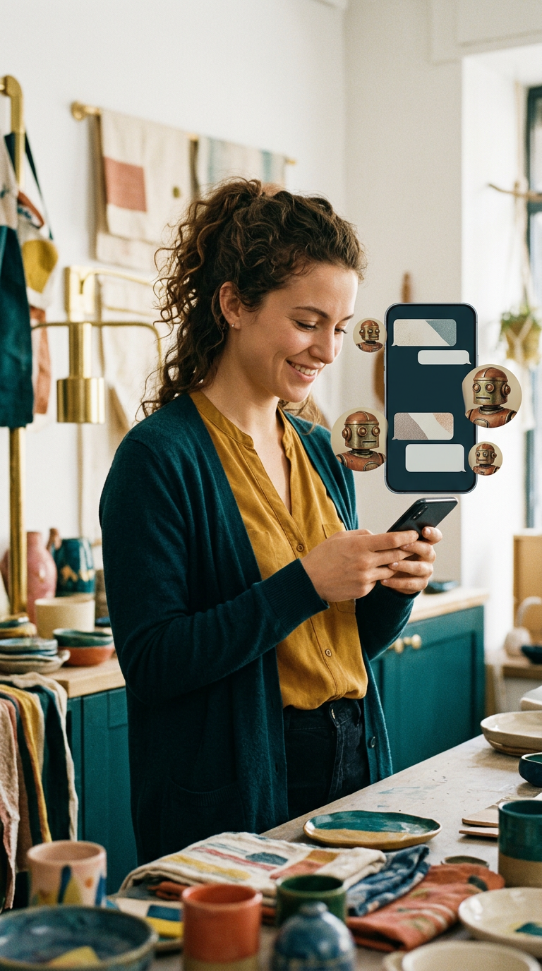 A clean chat widget on a small business website showing an AI conversation resolving a customer question about pricing or ava