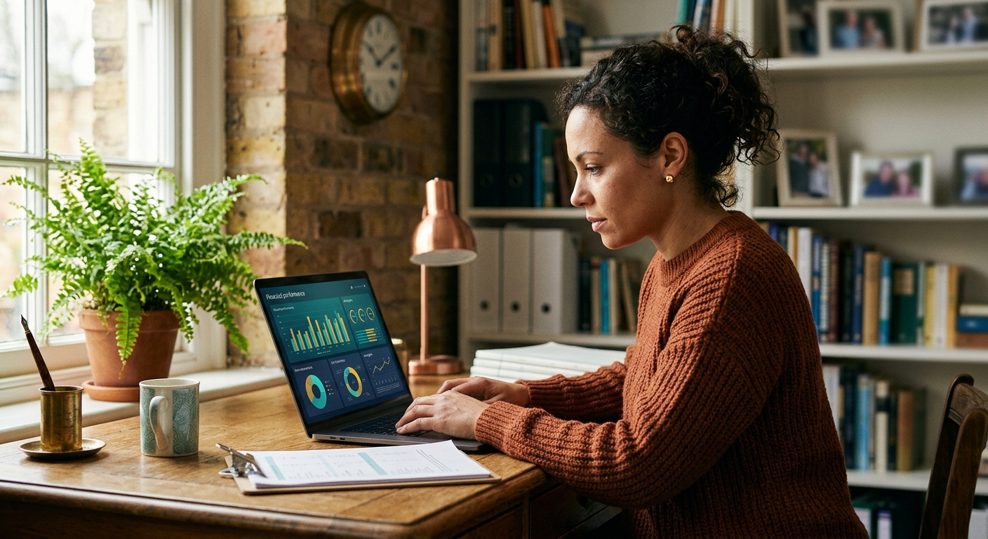 A bookkeeper at a desk using a laptop with financial dashboards on screen, AI tools interface visible