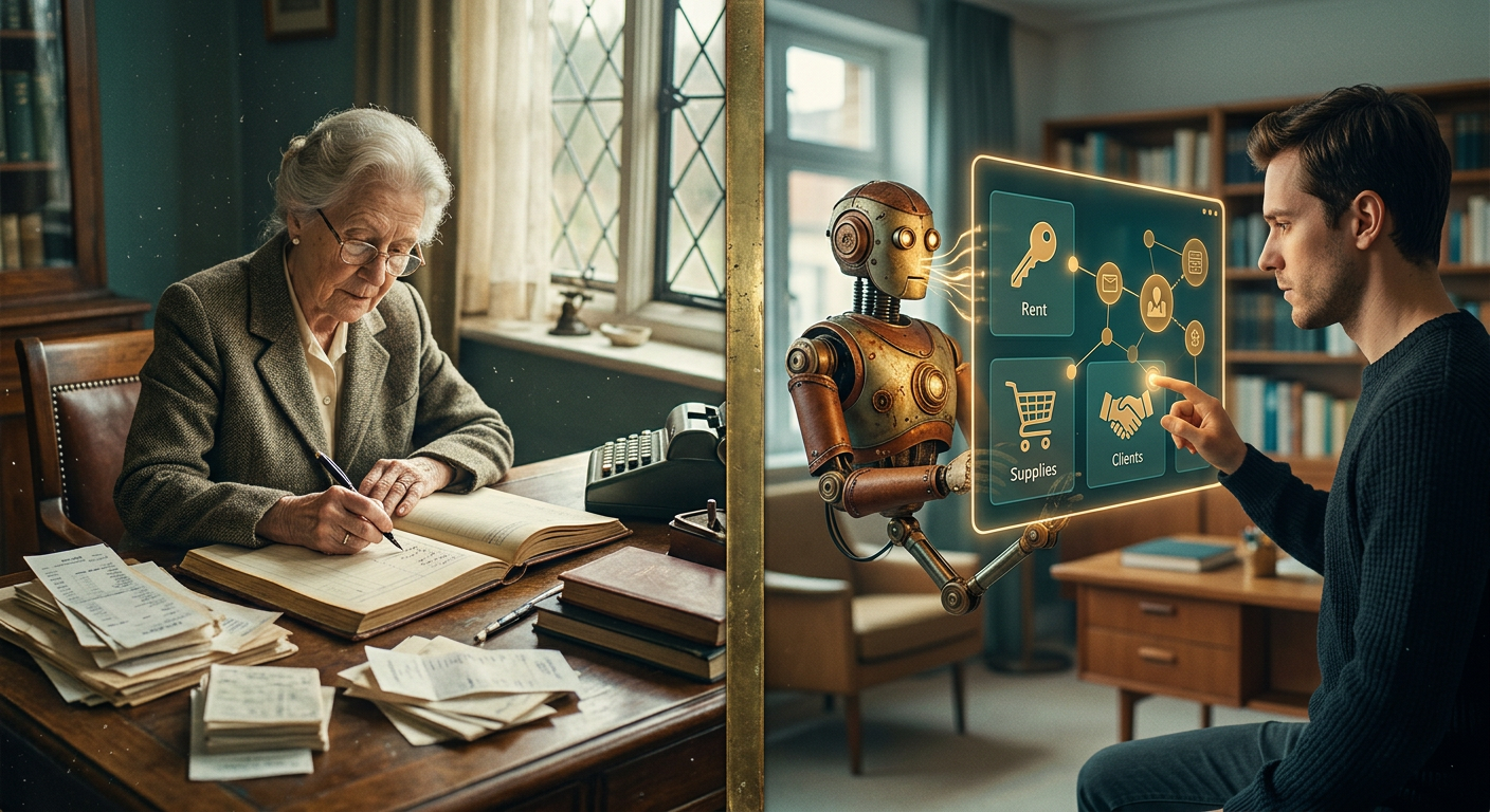 Split-screen showing traditional manual bookkeeping versus AI-automated dashboard with categorized transactions