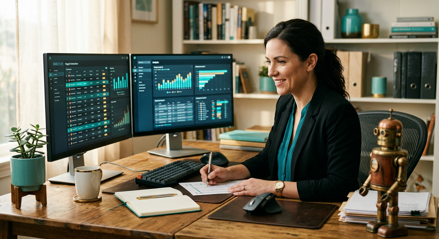 A confident accountant reviewing AI-generated reports on a dual monitor setup, approving flagged transactions