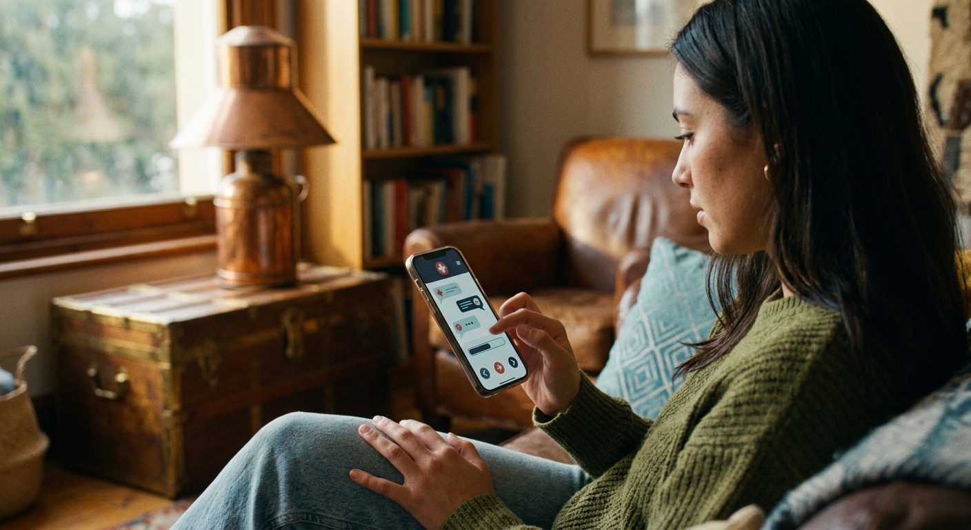 A patient using a smartphone chatbot interface for medical intake before arriving at a clinic