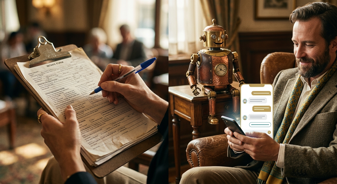 Side-by-side comparison showing traditional paper intake form versus a mobile conversational AI intake chat interface