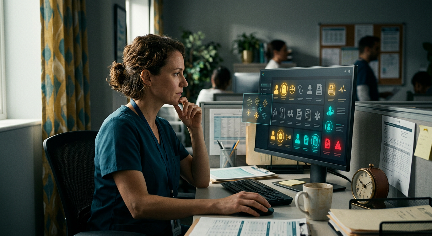 Healthcare staff member reviewing AI-flagged patient intake alerts on a desktop dashboard, with patient priority indicators v