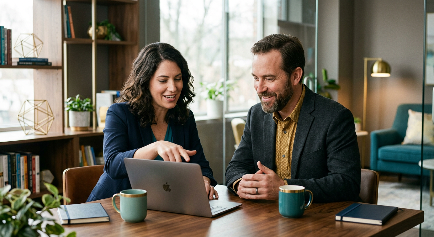 a consultant reviewing AI-generated output on a laptop with a client, in a professional but relaxed office setting